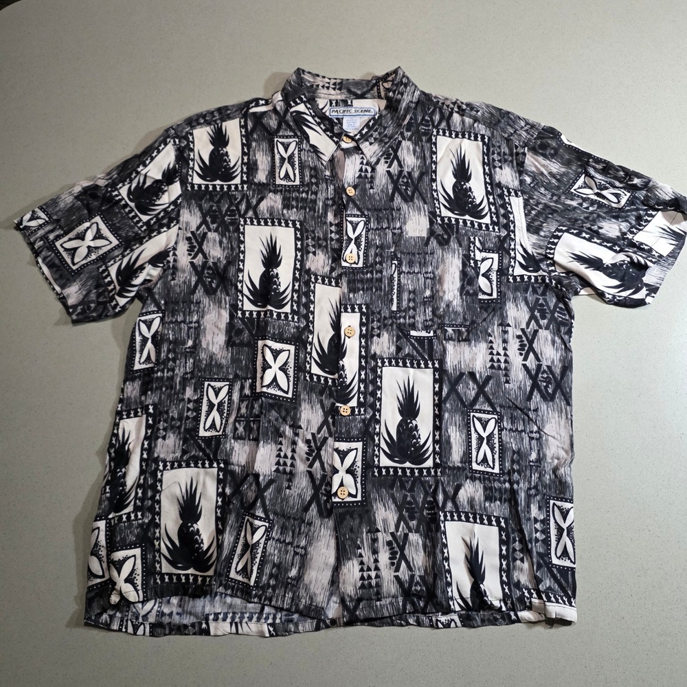 Pacific Scene Mens XL Hawaiian Shirt Pineapple Tribal Print Rayon Black White